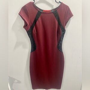 Burgundy Akira Chicago Bodycon Midi Cocktail Dress w/ lace cutouts size L
